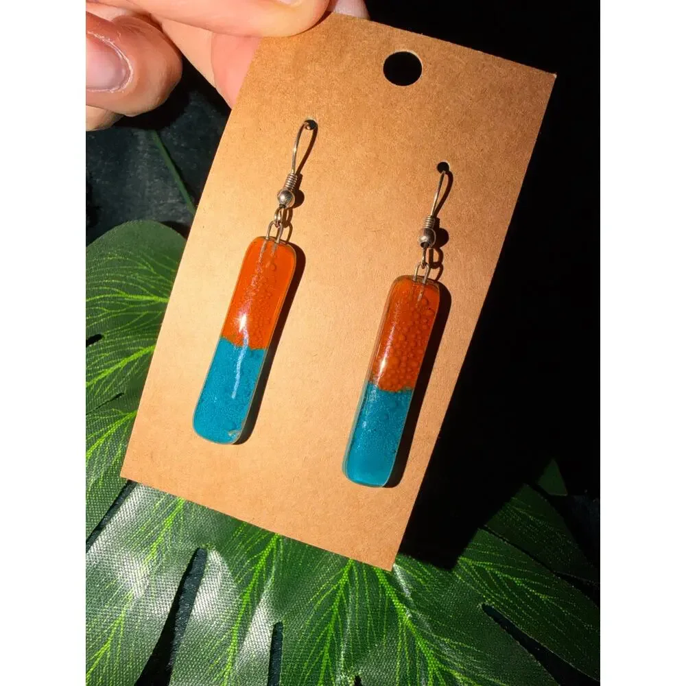Orange Turquoise Blue Resin Bar Dangle Earrings Silver Tone Boho Modernist